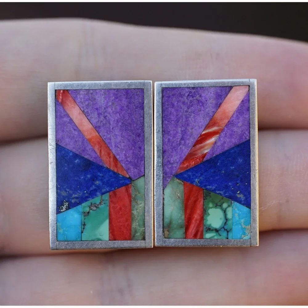 G.A.W Navajo Native American Indian Sterling Silver Multi Stone Clip On Earrings